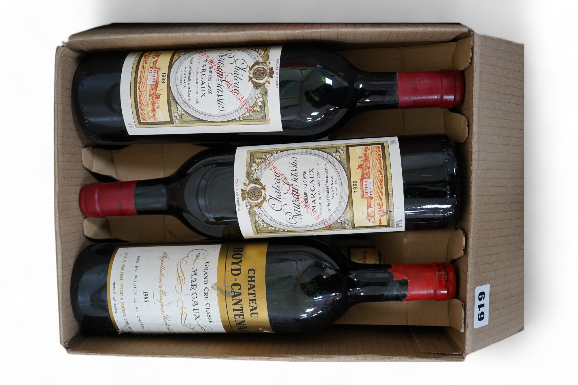 Six bottles of French red wine to include Chateau Cantenac Brown 1989 and Chateau Boyd-Cantenac 1985. Condition - fair, storage history unknown